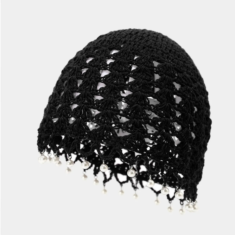 Black Crochet Beanie with Pearl Accents - Picture 4 of 13